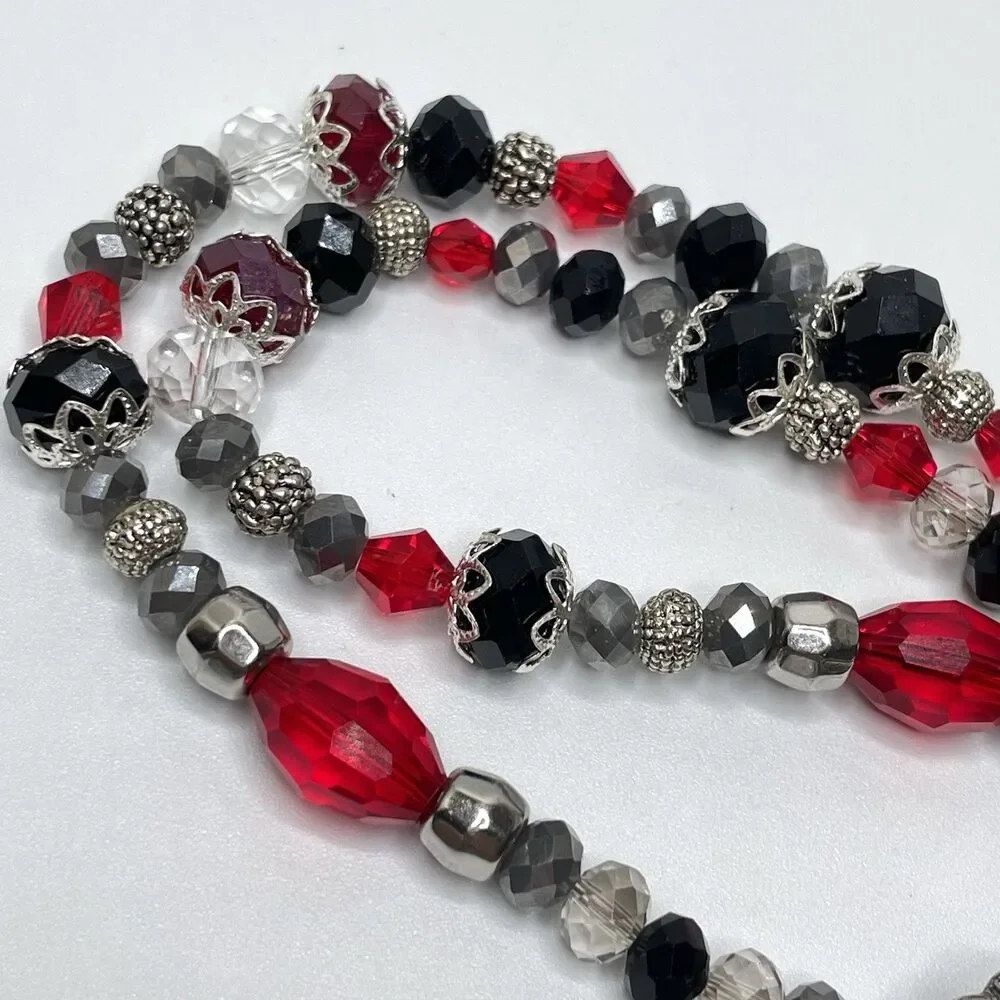 Artisan Gothic Cross Pendant Red Black White Glass Beaded Necklace Statement